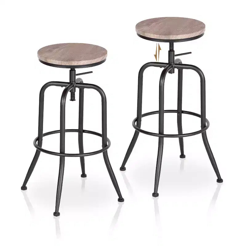 HomeRoots Set of Two Walnut and Black Wood and Iron Backless Adjustable Height Swivel Bar Chairs