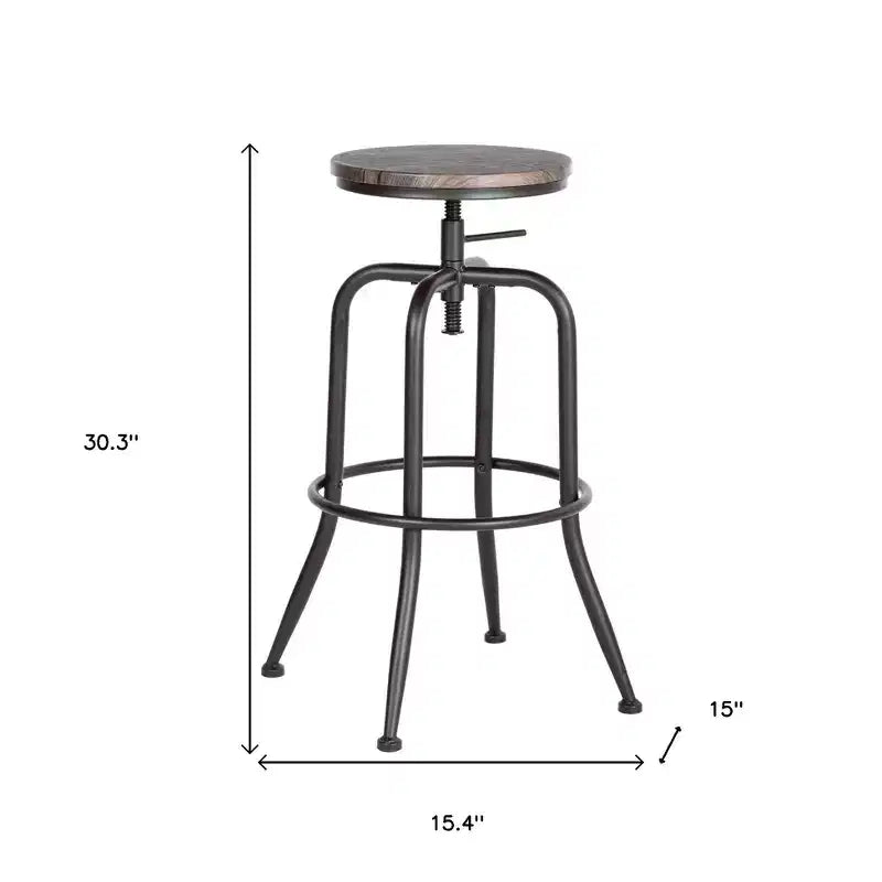Set of 2 Walnut and Black Wood and Iron Backless Adjustable Height Swivel Bar Chairs