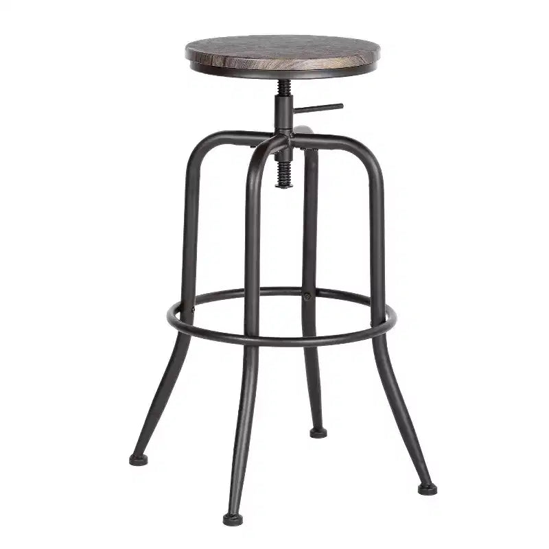 Set of 2 Walnut and Black Wood and Iron Backless Adjustable Height Swivel Bar Chairs