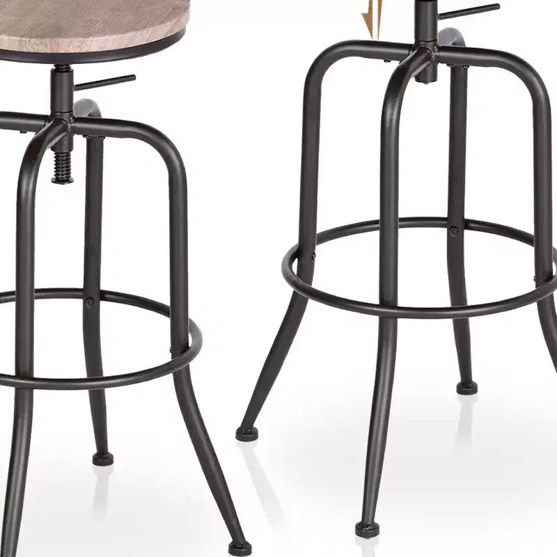 Set of 2 Walnut and Black Wood and Iron Backless Adjustable Height Swivel Bar Chairs
