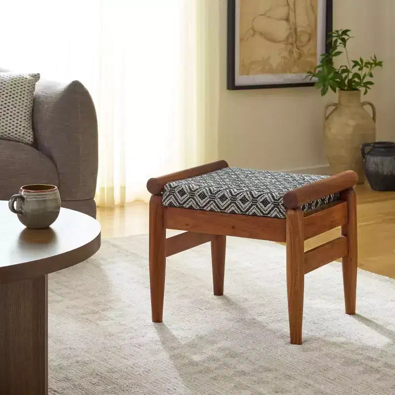 Moroccan-Inspired Ottoman, Navy White and Natural Wood, Mango Wood Frame