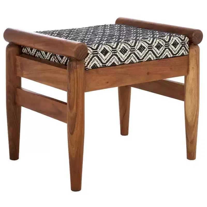 Moroccan-Inspired Ottoman, Navy White and Natural Wood, Mango Wood Frame