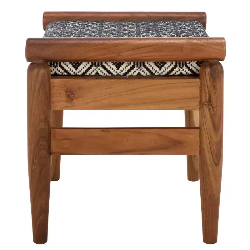 Moroccan-Inspired Ottoman, Navy White and Natural Wood, Mango Wood Frame