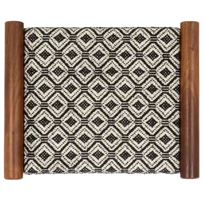 Moroccan-Inspired Ottoman, Navy White and Natural Wood, Mango Wood Frame