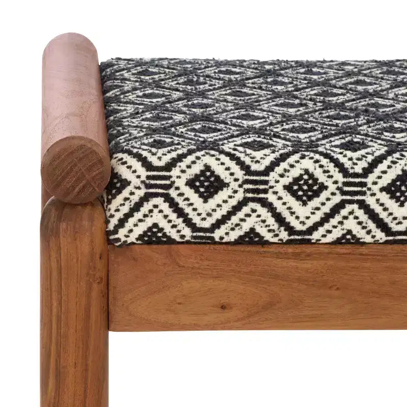 Moroccan-Inspired Ottoman, Navy White and Natural Wood, Mango Wood Frame