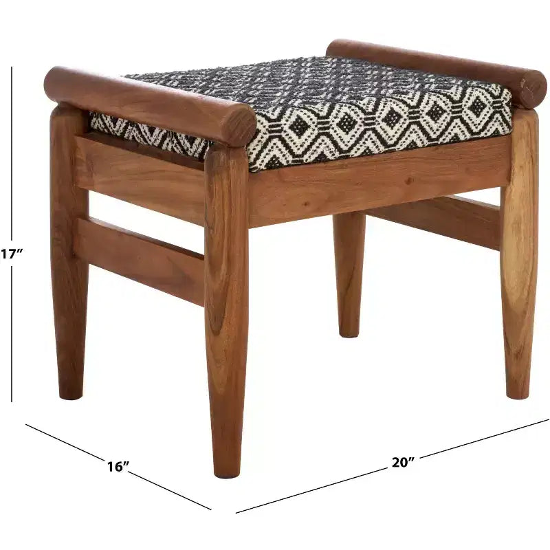 Moroccan-Inspired Ottoman, Navy White and Natural Wood, Mango Wood Frame