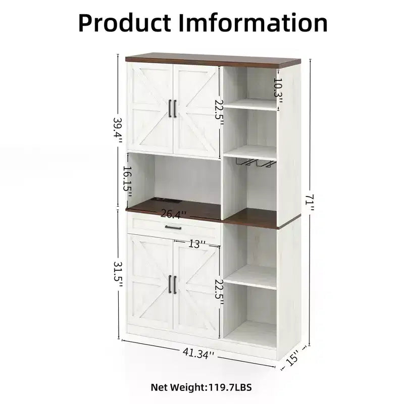 71 in. Tall Multifunctional Storage Cabinet with Wine Rack and Drawer, Antique White