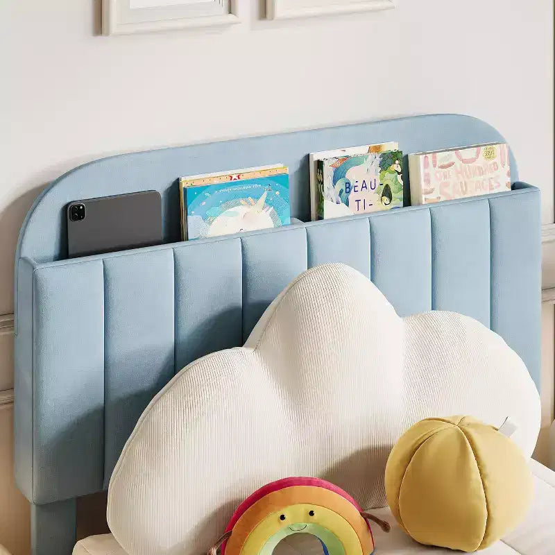 Twin Bed Frame with Drawer, Velvet Upholstered Platform BedFrame with Storage Headboard for Kids, No Box Spring Needed, Easy Assembly