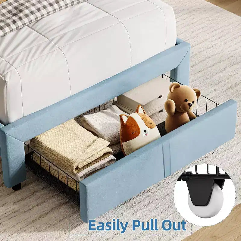 Twin Bed Frame with Drawer, Velvet Upholstered Platform BedFrame with Storage Headboard for Kids, No Box Spring Needed, Easy Assembly
