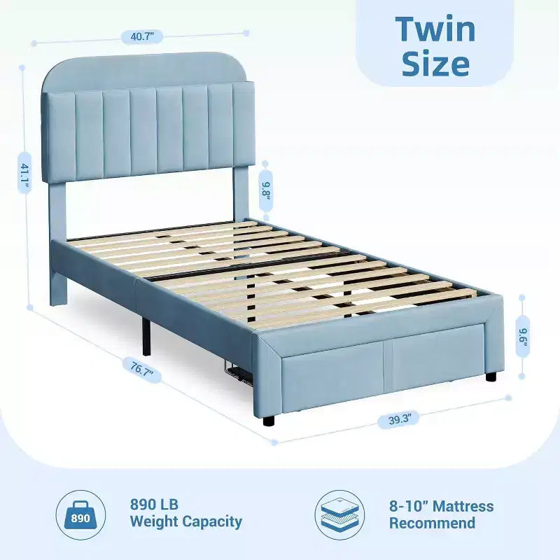 Twin Bed Frame with Drawer, Velvet Upholstered Platform BedFrame with Storage Headboard for Kids, No Box Spring Needed, Easy Assembly