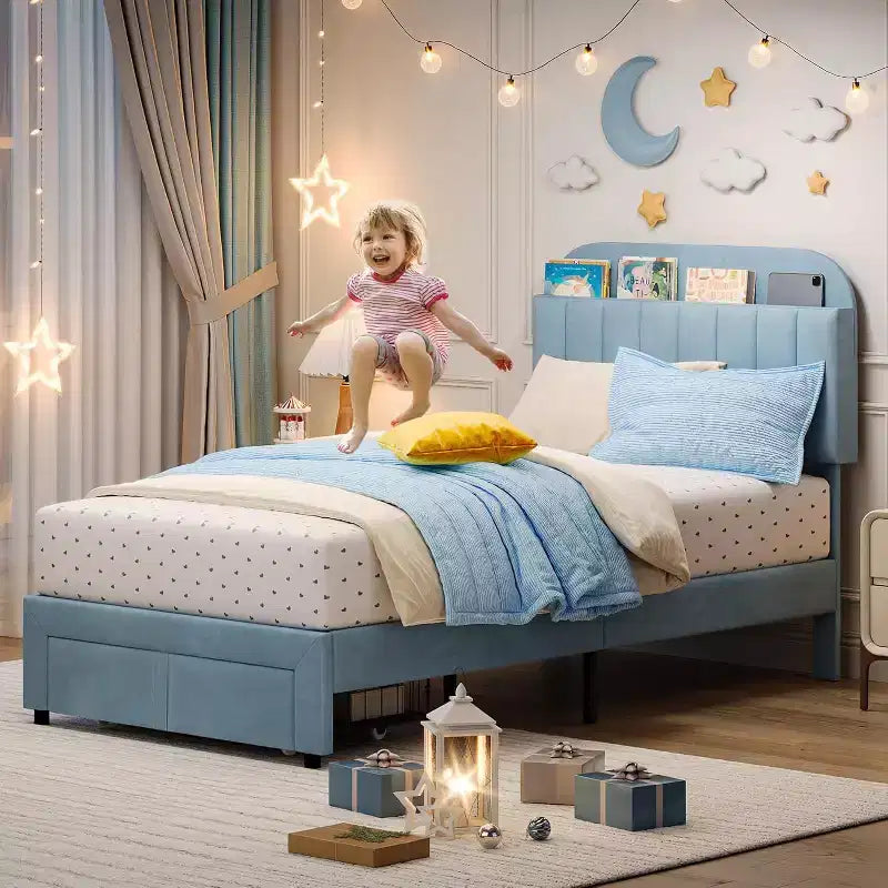 Twin Bed Frame with Drawer, Velvet Upholstered Platform BedFrame with Storage Headboard for Kids, No Box Spring Needed, Easy Assembly