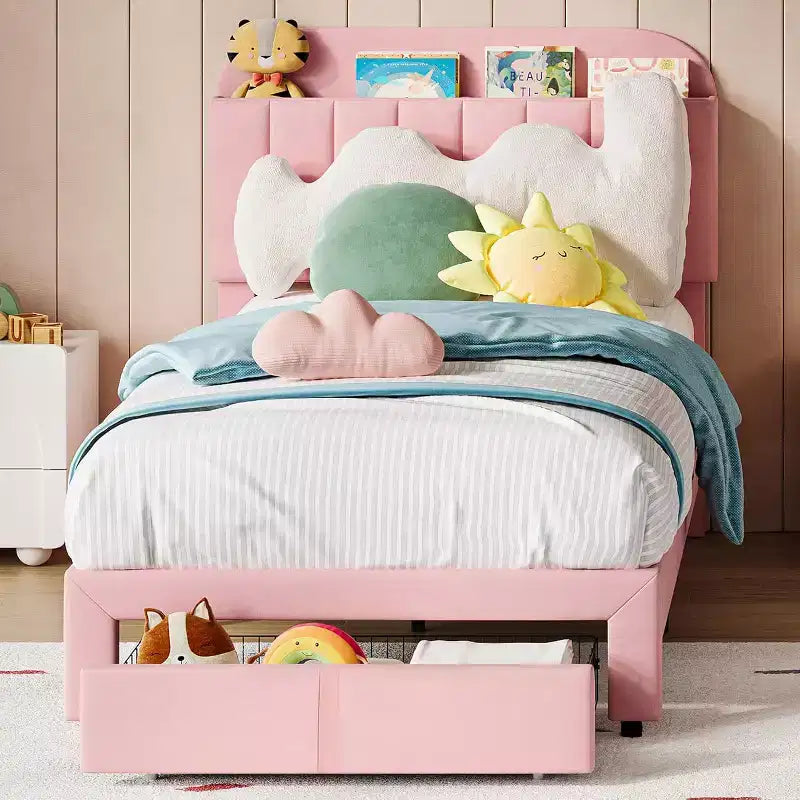 Twin Bed Frame with Drawer, Velvet Upholstered Platform BedFrame with Storage Headboard for Kids, No Box Spring Needed, Easy Assembly