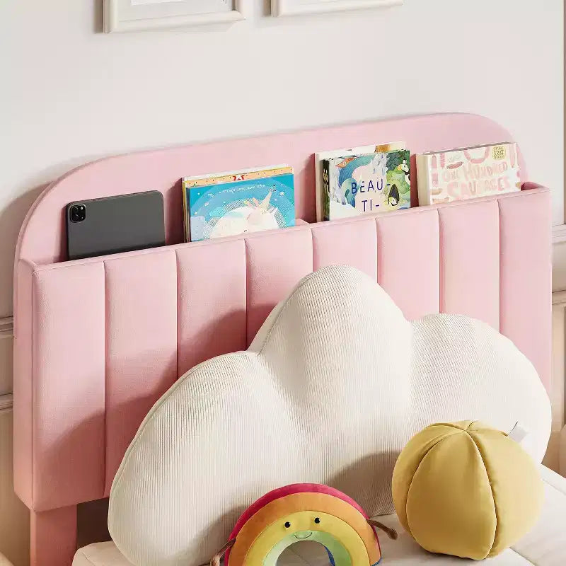 Twin Bed Frame with Drawer, Velvet Upholstered Platform BedFrame with Storage Headboard for Kids, No Box Spring Needed, Easy Assembly