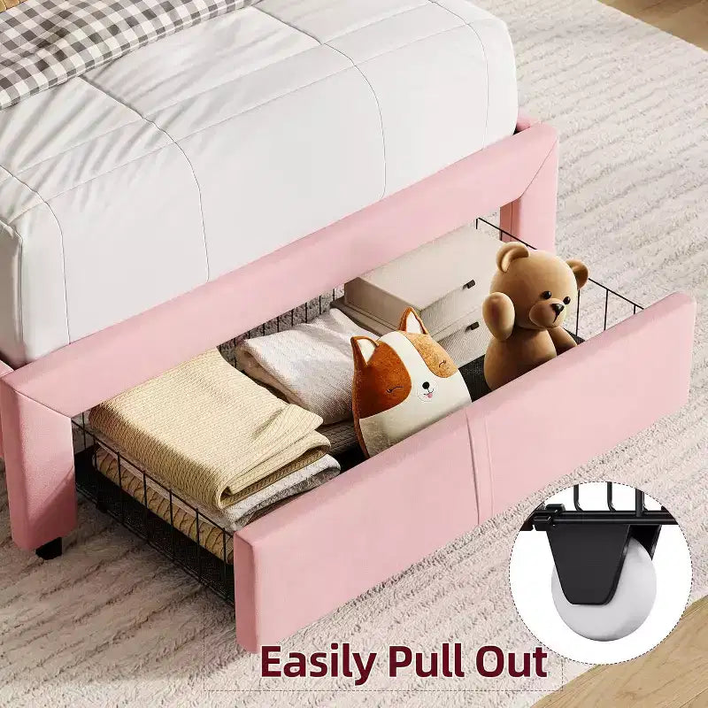 Twin Bed Frame with Drawer, Velvet Upholstered Platform BedFrame with Storage Headboard for Kids, No Box Spring Needed, Easy Assembly