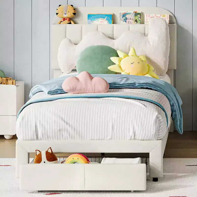 Twin Bed Frame with Drawer, Velvet Upholstered Platform BedFrame with Storage Headboard for Kids, No Box Spring Needed, Easy Assembly