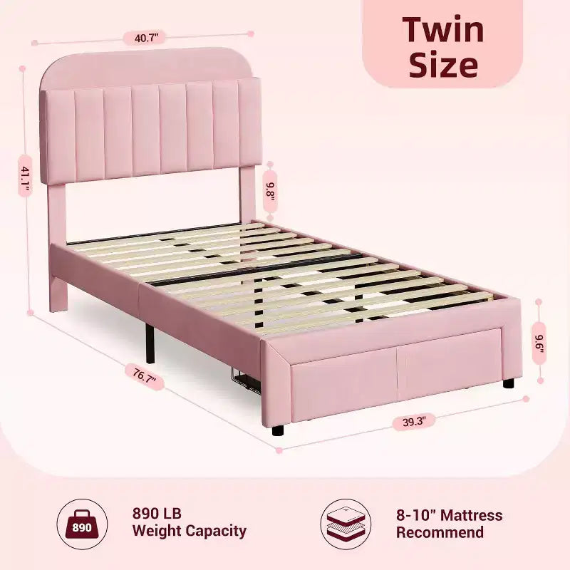 Twin Bed Frame with Drawer, Velvet Upholstered Platform BedFrame with Storage Headboard for Kids, No Box Spring Needed, Easy Assembly