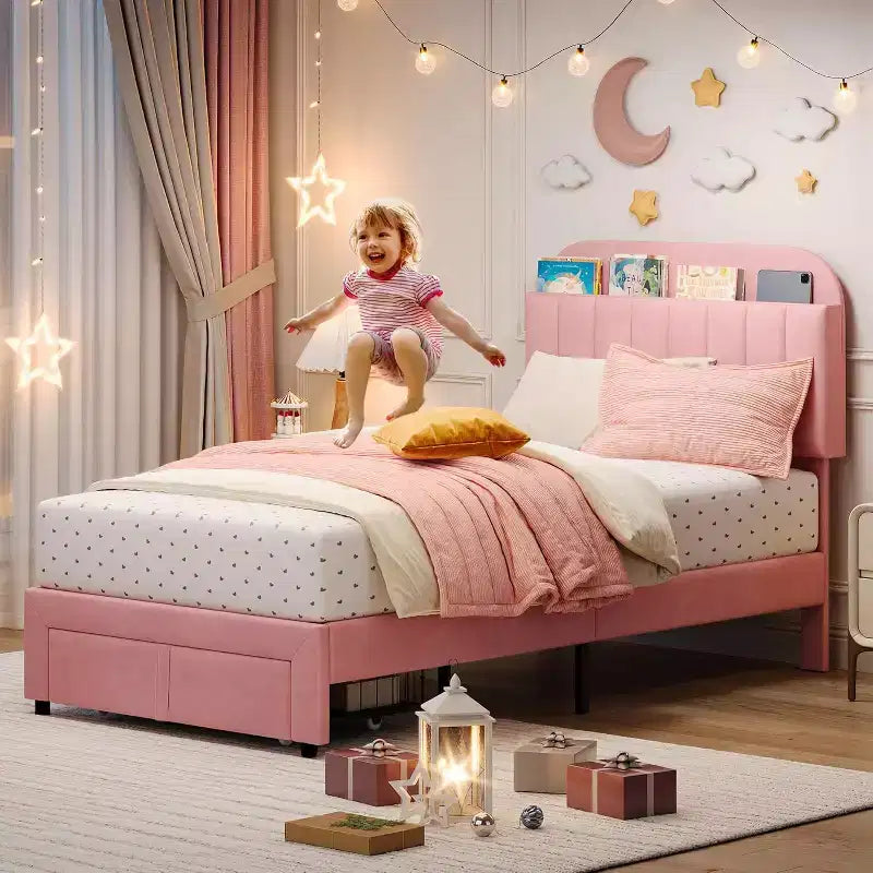 Twin Bed Frame with Drawer, Velvet Upholstered Platform BedFrame with Storage Headboard for Kids, No Box Spring Needed, Easy Assembly