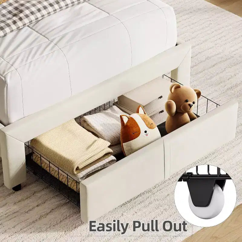 Twin Bed Frame with Drawer, Velvet Upholstered Platform BedFrame with Storage Headboard for Kids, No Box Spring Needed, Easy Assembly