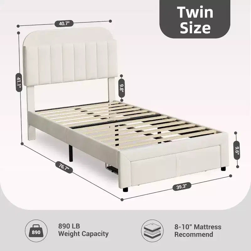 Twin Bed Frame with Drawer, Velvet Upholstered Platform BedFrame with Storage Headboard for Kids, No Box Spring Needed, Easy Assembly