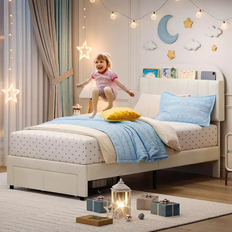 Twin Bed Frame with Drawer, Velvet Upholstered Platform BedFrame with Storage Headboard for Kids, No Box Spring Needed, Easy Assembly