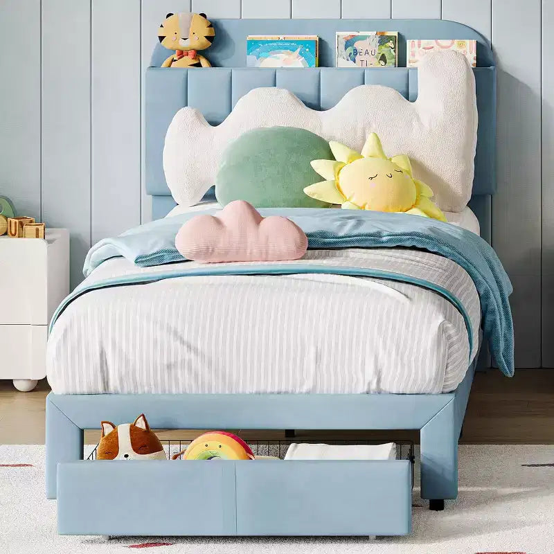 Twin Bed Frame with Drawer, Velvet Upholstered Platform BedFrame with Storage Headboard for Kids, No Box Spring Needed, Easy Assembly