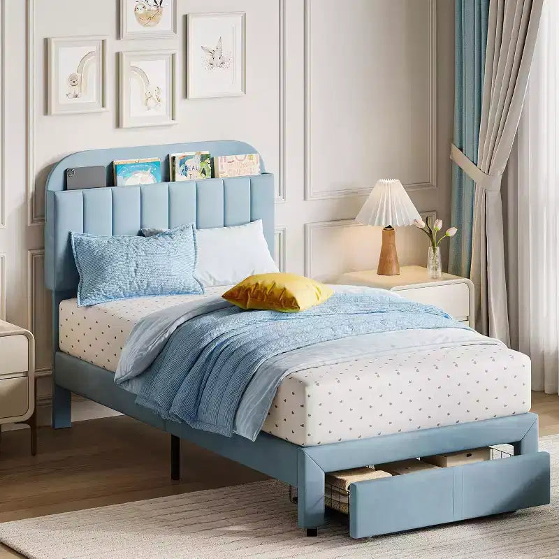 Twin Bed Frame with Drawer, Velvet Upholstered Platform BedFrame with Storage Headboard for Kids, No Box Spring Needed, Easy Assembly