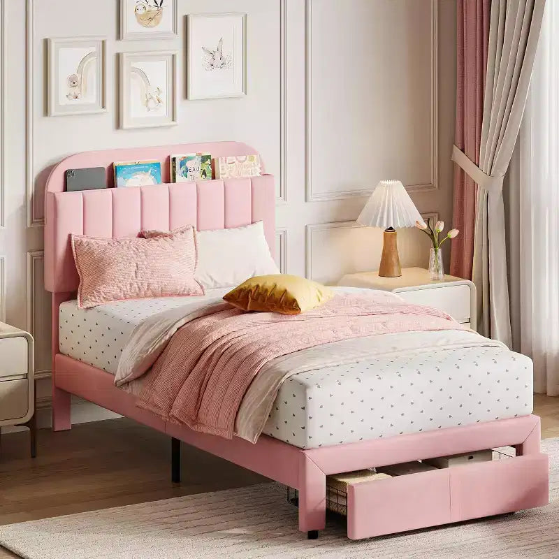Twin Bed Frame with Drawer, Velvet Upholstered Platform BedFrame with Storage Headboard for Kids, No Box Spring Needed, Easy Assembly