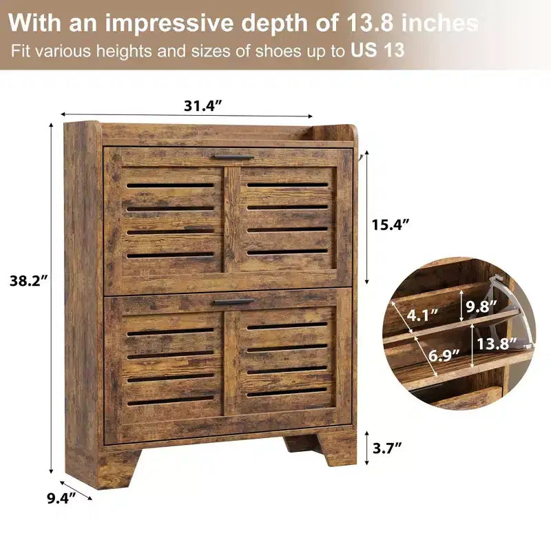 13.8-Inch Deep Shoe Storage Cabinet with Adjustable Shelves - Holds 20+ Pairs Including Boots (Size 13) | Dual Flip-Down Drawers & Ventilation Slats