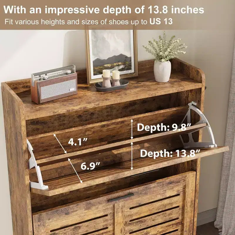 13.8-Inch Deep Shoe Storage Cabinet with Adjustable Shelves - Holds 20+ Pairs Including Boots (Size 13) | Dual Flip-Down Drawers & Ventilation Slats