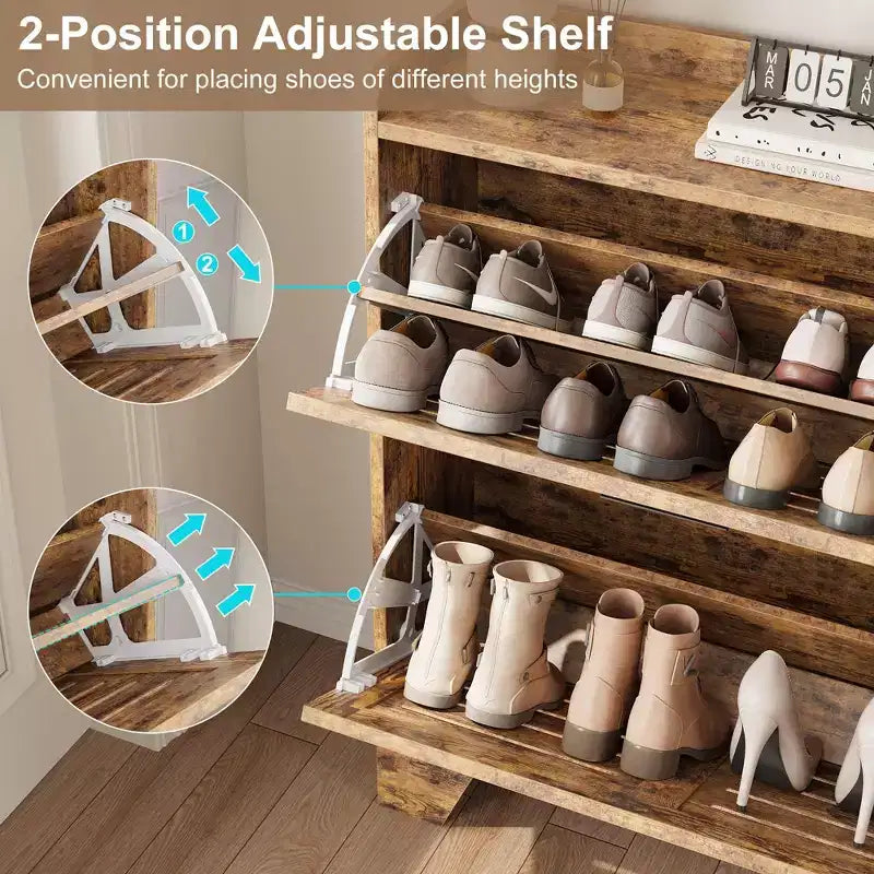 13.8-Inch Deep Shoe Storage Cabinet with Adjustable Shelves - Holds 20+ Pairs Including Boots (Size 13) | Dual Flip-Down Drawers & Ventilation Slats