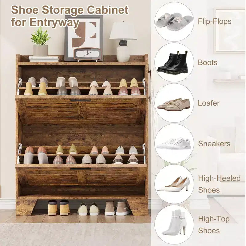 13.8-Inch Deep Shoe Storage Cabinet with Adjustable Shelves - Holds 20+ Pairs Including Boots (Size 13) | Dual Flip-Down Drawers & Ventilation Slats