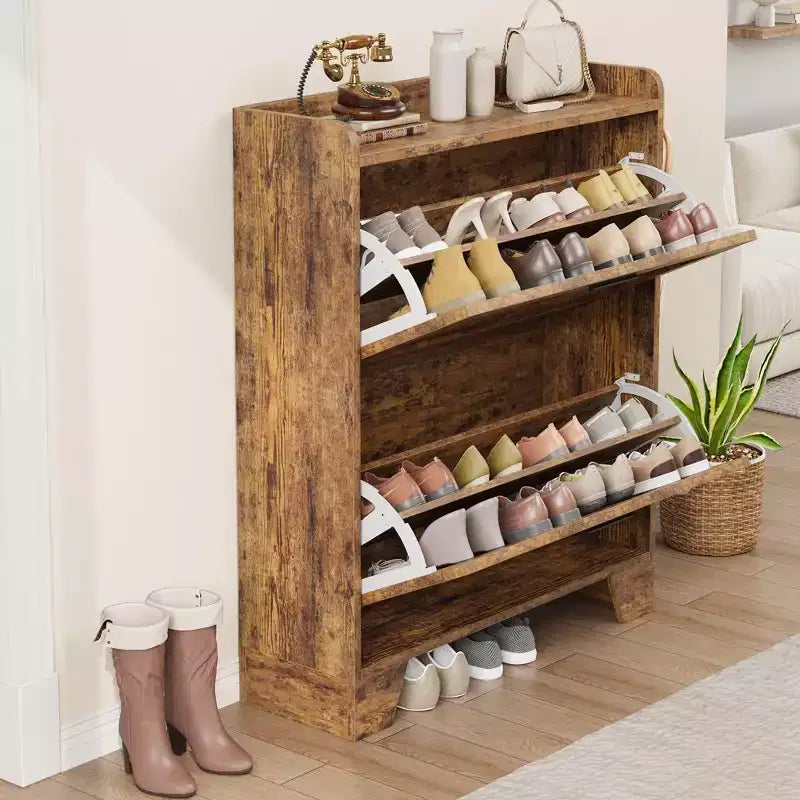 13.8-Inch Deep Shoe Storage Cabinet with Adjustable Shelves - Holds 20+ Pairs Including Boots (Size 13) | Dual Flip-Down Drawers & Ventilation Slats