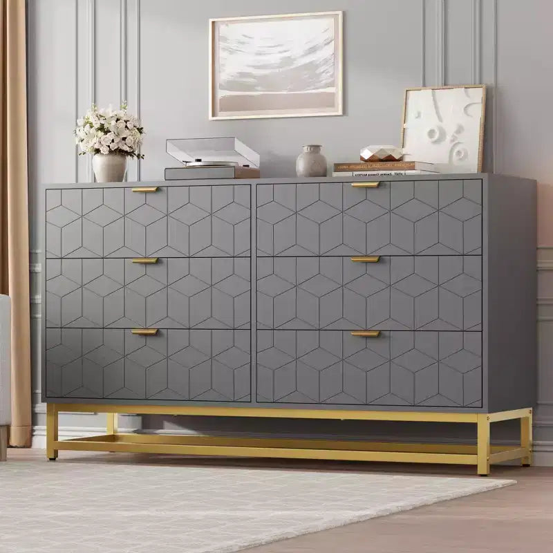 Dresser for Bedroom, 53.5 Large Dresser Organizer, 6 Drawer with Golden Metal Handle and Legs, Modern Chest of Drawers, Dressers with Drawers