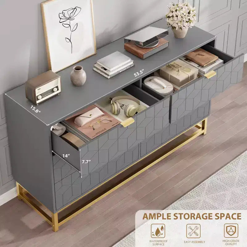 Dresser for Bedroom, 53.5 Large Dresser Organizer, 6 Drawer with Golden Metal Handle and Legs, Modern Chest of Drawers, Dressers with Drawers