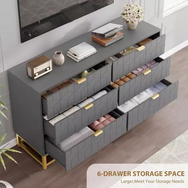 Dresser for Bedroom, 53.5 Large Dresser Organizer, 6 Drawer with Golden Metal Handle and Legs, Modern Chest of Drawers, Dressers with Drawers