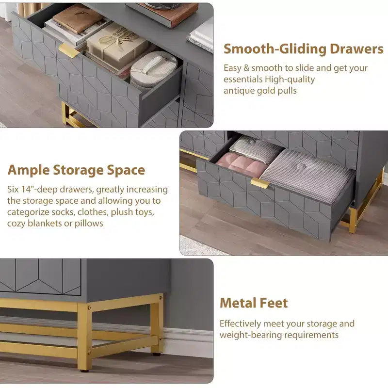 Dresser for Bedroom, 53.5 Large Dresser Organizer, 6 Drawer with Golden Metal Handle and Legs, Modern Chest of Drawers, Dressers with Drawers