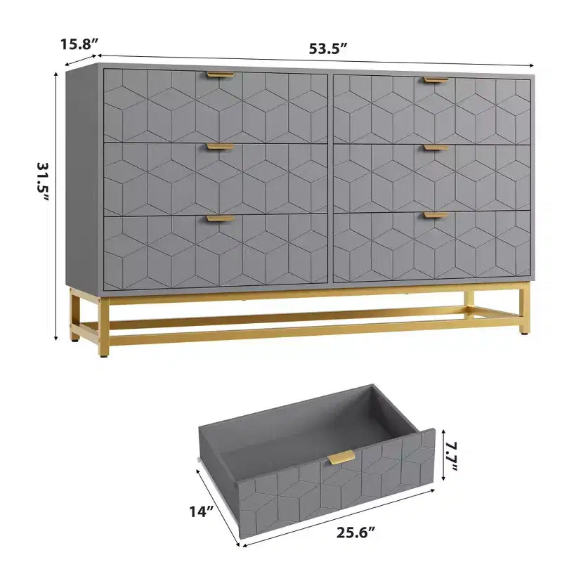 Dresser for Bedroom, 53.5 Large Dresser Organizer, 6 Drawer with Golden Metal Handle and Legs, Modern Chest of Drawers, Dressers with Drawers