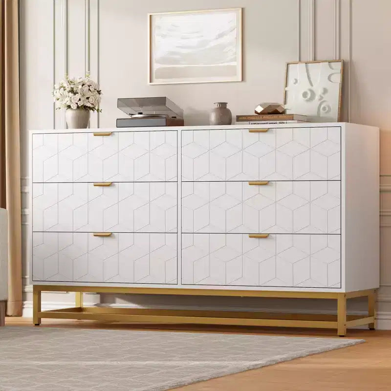 Dresser for Bedroom, 53.5 Large Dresser Organizer, 6 Drawer with Golden Metal Handle and Legs, Modern Chest of Drawers, Dressers with Drawers
