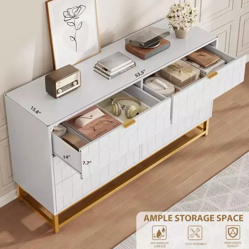 Dresser for Bedroom, 53.5 Large Dresser Organizer, 6 Drawer with Golden Metal Handle and Legs, Modern Chest of Drawers, Dressers with Drawers
