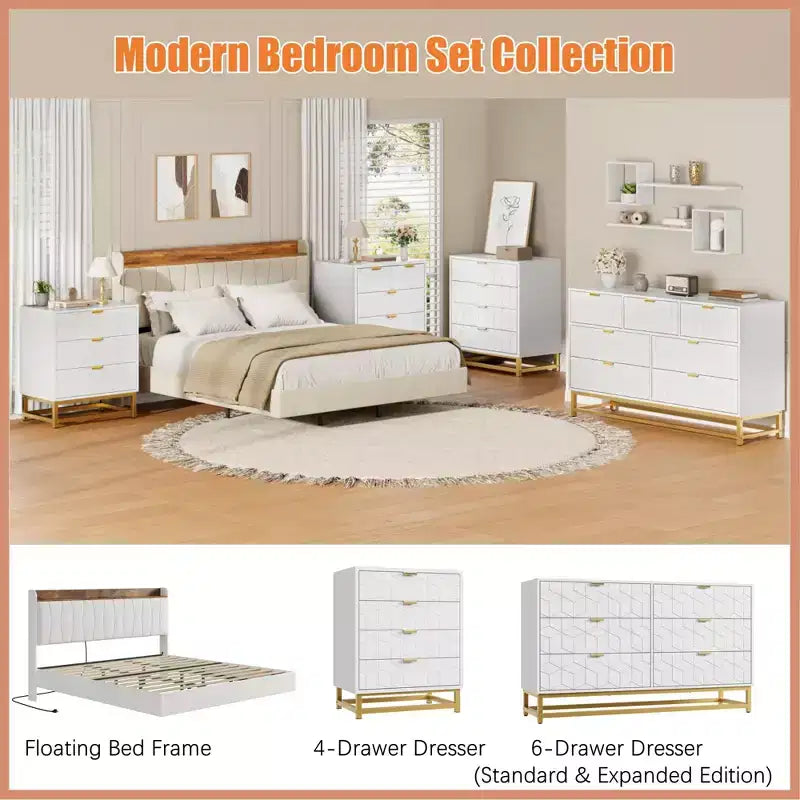 Dresser for Bedroom, 53.5 Large Dresser Organizer, 6 Drawer with Golden Metal Handle and Legs, Modern Chest of Drawers, Dressers with Drawers