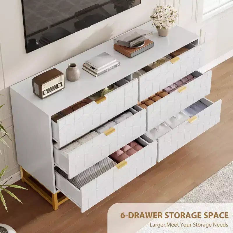 Dresser for Bedroom, 53.5 Large Dresser Organizer, 6 Drawer with Golden Metal Handle and Legs, Modern Chest of Drawers, Dressers with Drawers