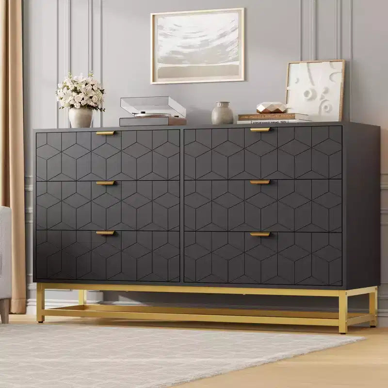 Dresser for Bedroom, 53.5 Large Dresser Organizer, 6 Drawer with Golden Metal Handle and Legs, Modern Chest of Drawers, Dressers with Drawers