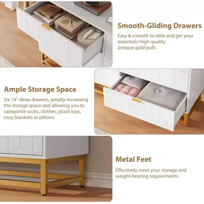 Dresser for Bedroom, 53.5 Large Dresser Organizer, 6 Drawer with Golden Metal Handle and Legs, Modern Chest of Drawers, Dressers with Drawers