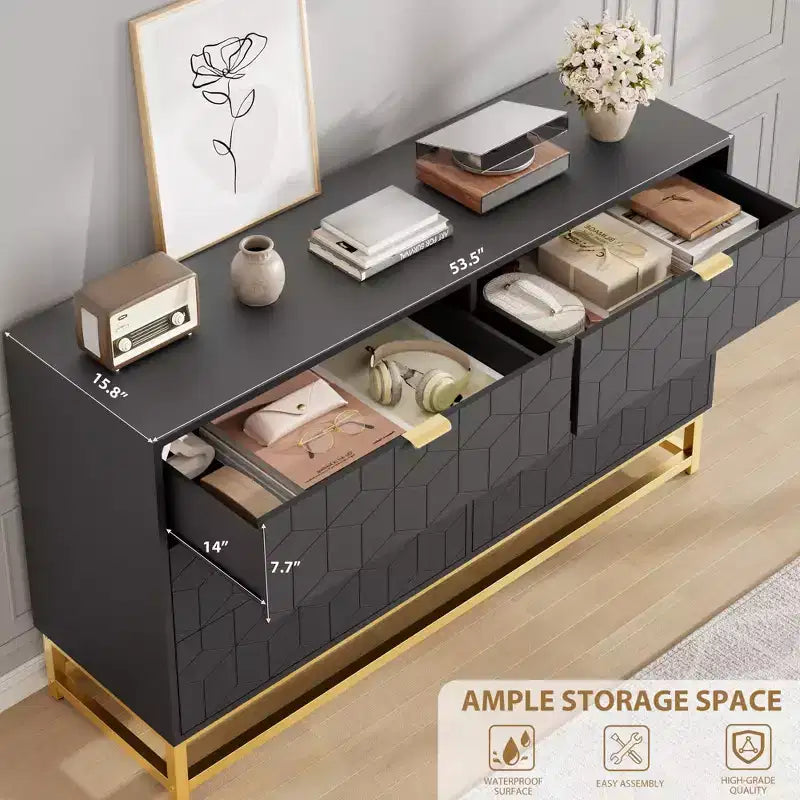 Dresser for Bedroom, 53.5 Large Dresser Organizer, 6 Drawer with Golden Metal Handle and Legs, Modern Chest of Drawers, Dressers with Drawers