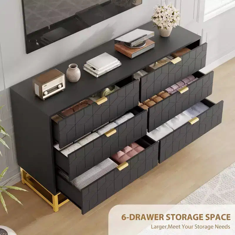 Dresser for Bedroom, 53.5 Large Dresser Organizer, 6 Drawer with Golden Metal Handle and Legs, Modern Chest of Drawers, Dressers with Drawers