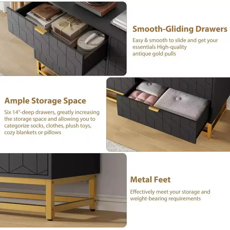 Dresser for Bedroom, 53.5 Large Dresser Organizer, 6 Drawer with Golden Metal Handle and Legs, Modern Chest of Drawers, Dressers with Drawers