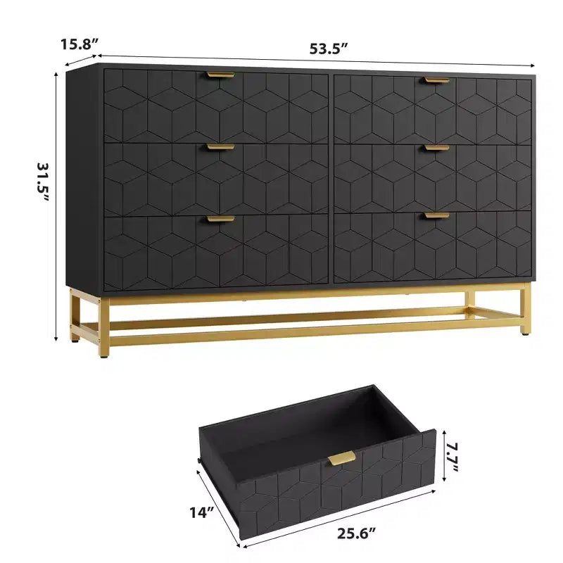 Dresser for Bedroom, 53.5 Large Dresser Organizer, 6 Drawer with Golden Metal Handle and Legs, Modern Chest of Drawers, Dressers with Drawers