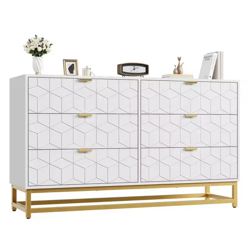 Dresser for Bedroom, 53.5 Large Dresser Organizer, 6 Drawer with Golden Metal Handle and Legs, Modern Chest of Drawers, Dressers with Drawers