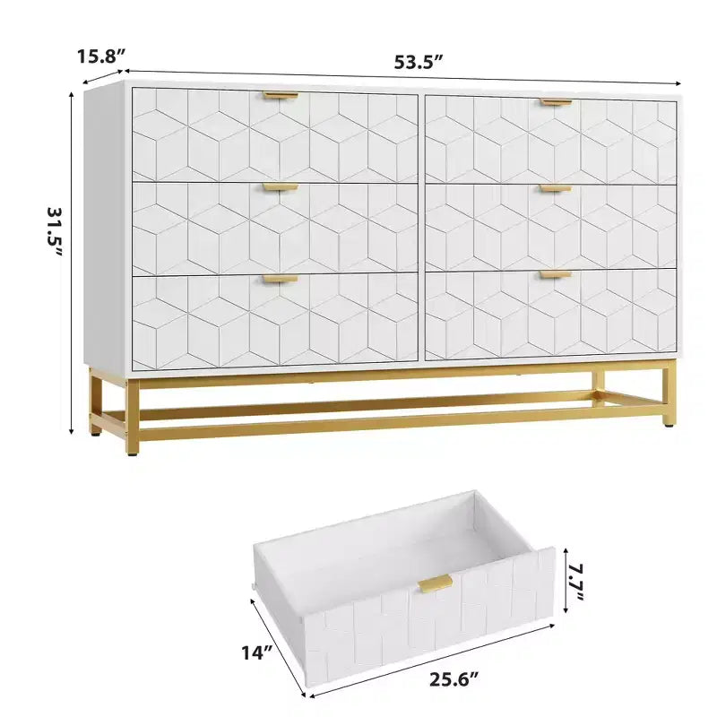 Dresser for Bedroom, 53.5 Large Dresser Organizer, 6 Drawer with Golden Metal Handle and Legs, Modern Chest of Drawers, Dressers with Drawers