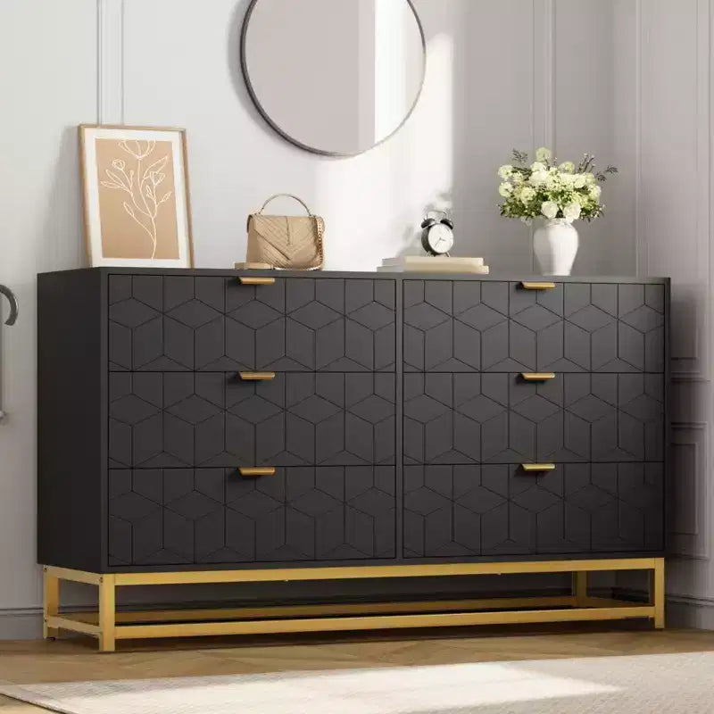 Dresser for Bedroom, 53.5 Large Dresser Organizer, 6 Drawer with Golden Metal Handle and Legs, Modern Chest of Drawers, Dressers with Drawers